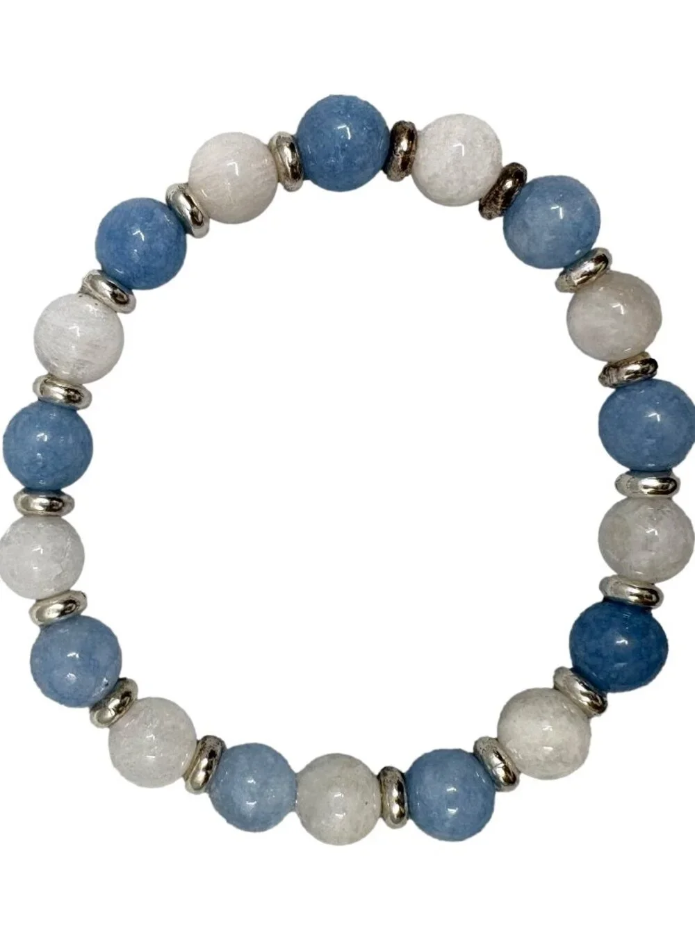 8mm Natural Aquamarine White Moonstone Gemstone Stretch Bracelet Silver Bead